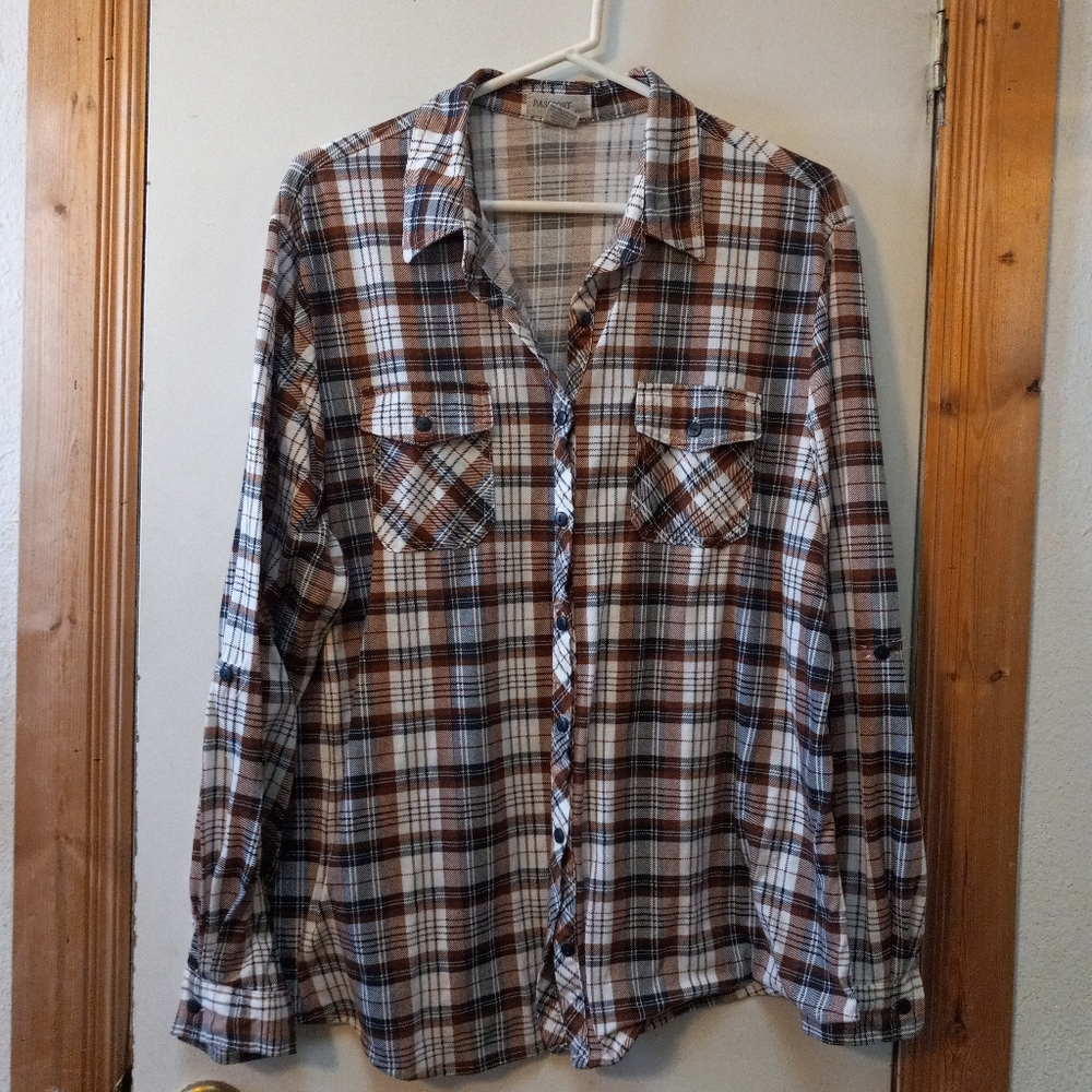Passport 2XL Black Brown & White Plaid Long Sleeve Collared Button Down Shirt